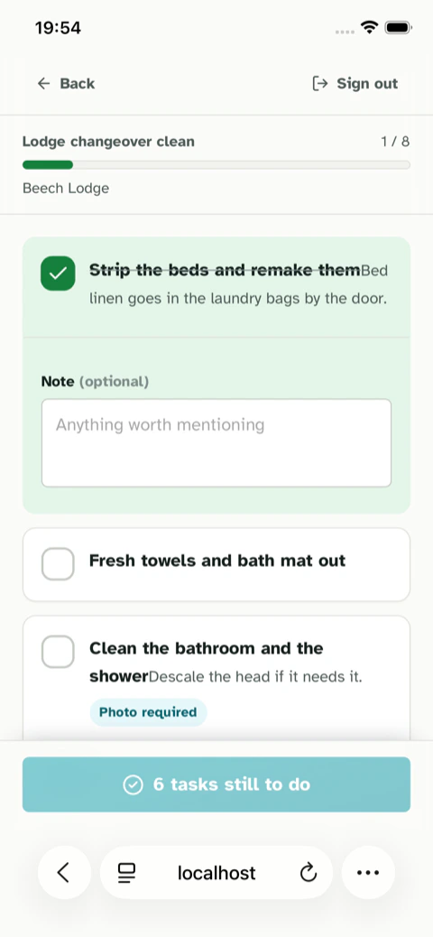 A changeover clean open on a phone, the first task ticked off