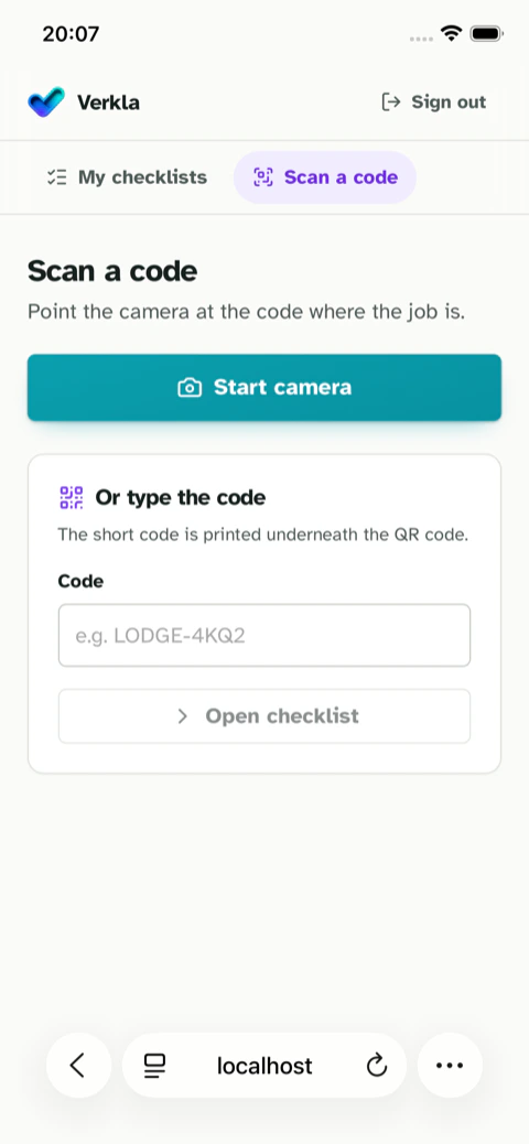 The scan page on a phone, with the box for typing a short code under it