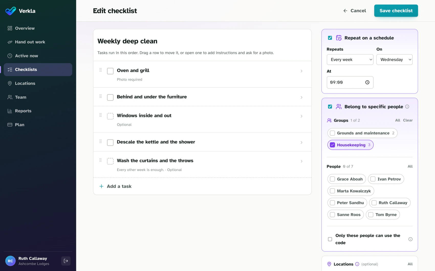 The checklist editor: a weekly deep clean, its tasks in order, and its schedule and people beside them