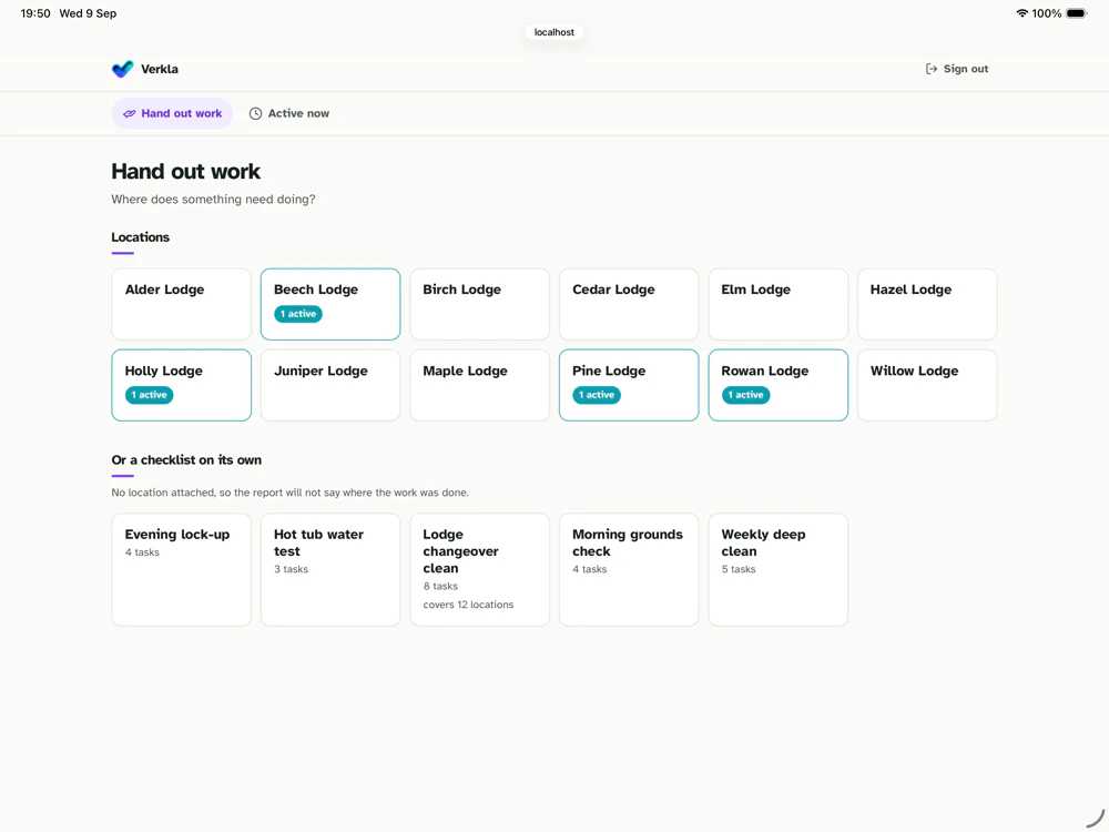 The hand out board on a tablet, twelve lodges with the ones already being worked on marked